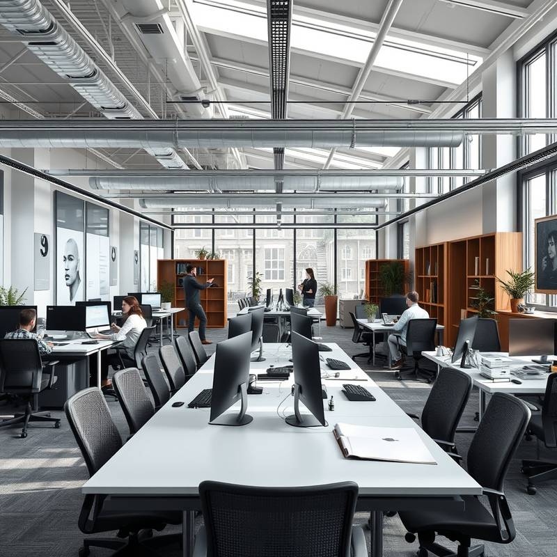 A modern and collaborative open-plan office environment at Nova Creative Studio, with team members working together at desks.